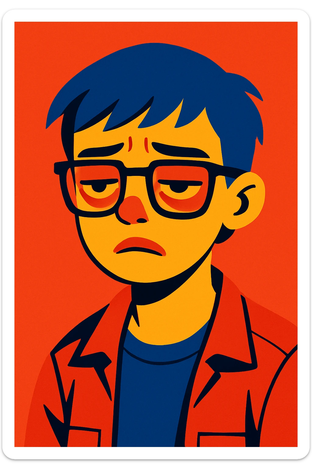 short-haired girl with a boyish style, tired face, wearing glasses, modern illustration style sticker