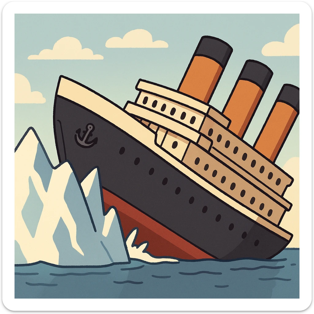 cartoon Titanic hitting iceberg and tilting, minimal details, looping animation sticker