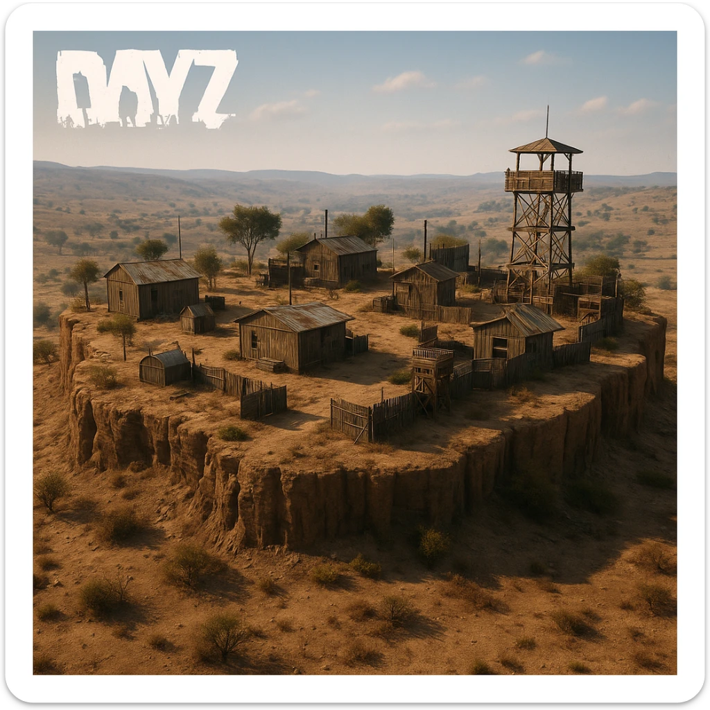 A small hilltop mesa city in the videogame dayz, screenshoot  sticker