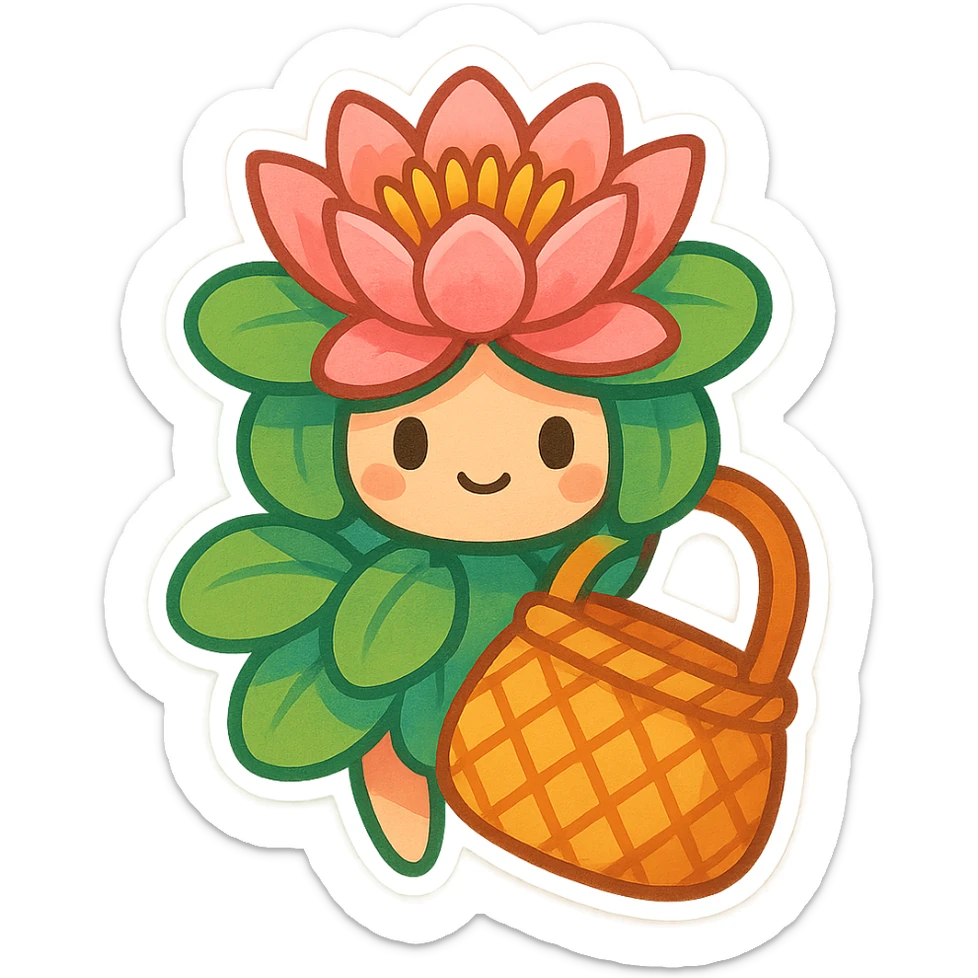 mascota para proyecto productivo, lirio de agua y bolso artesanal fusionados en una sola figura, estilo abstracto y artístico, colores llamativos sticker