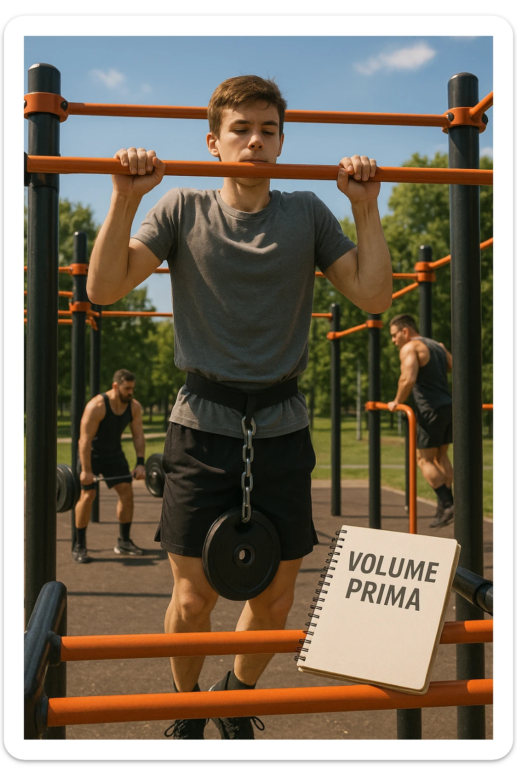 Atleta neofita giovane in un parco attrezzato per streetlifting, fisico ancora in fase iniziale. È intento a eseguire molte ripetizioni di esercizi a corpo libero con pesi leggeri (zavorra moderata), come trazioni e dip su parallele. Accanto a lui un taccuino di allenamento con la scritta 'Volume Prima'. L’atmosfera è luminosa e motivante, con altri atleti più muscolosi che sollevano carichi pesanti, ma lui è concentrato sul gesto tecnico e sulla costanza. Stile realistico, colori naturali, messaggio educativo su priorità all’adattamento progressivo e al volume. sticker
