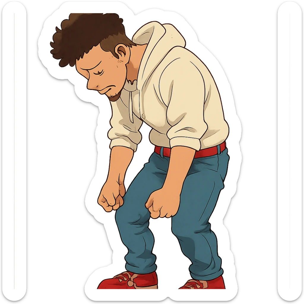 1 male, mid fade haircut dark chestnut brown curly hair, toasted lightskin, white hoodie sleeves up, fashion jeans, red fashion-sneakers shoes, red belt, short trimmed beard and goatee,  style of deku from "my hero academia", doing a "sad" pose sticker