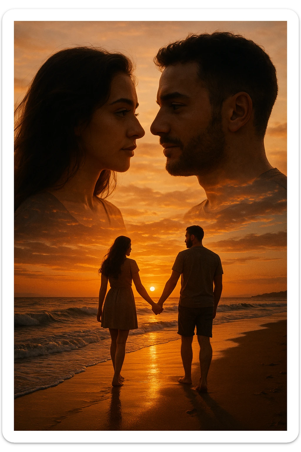 Una doppia esposizione cinematografica di noi di profilo, con un paesaggio di spiaggia al tramonto integrato nella silhouette.
La scena interna ci mostra entrambi camminare sulla sabbia bagnata, tenendoci per mano, con le onde del mare che si infrangono è facile e un cielo colorato dagli ultimi raggi di sole. Atmosfera calda e intima, toni dorati arancioni, dettagli fini ed espressivi, risoluzione 8K. sticker