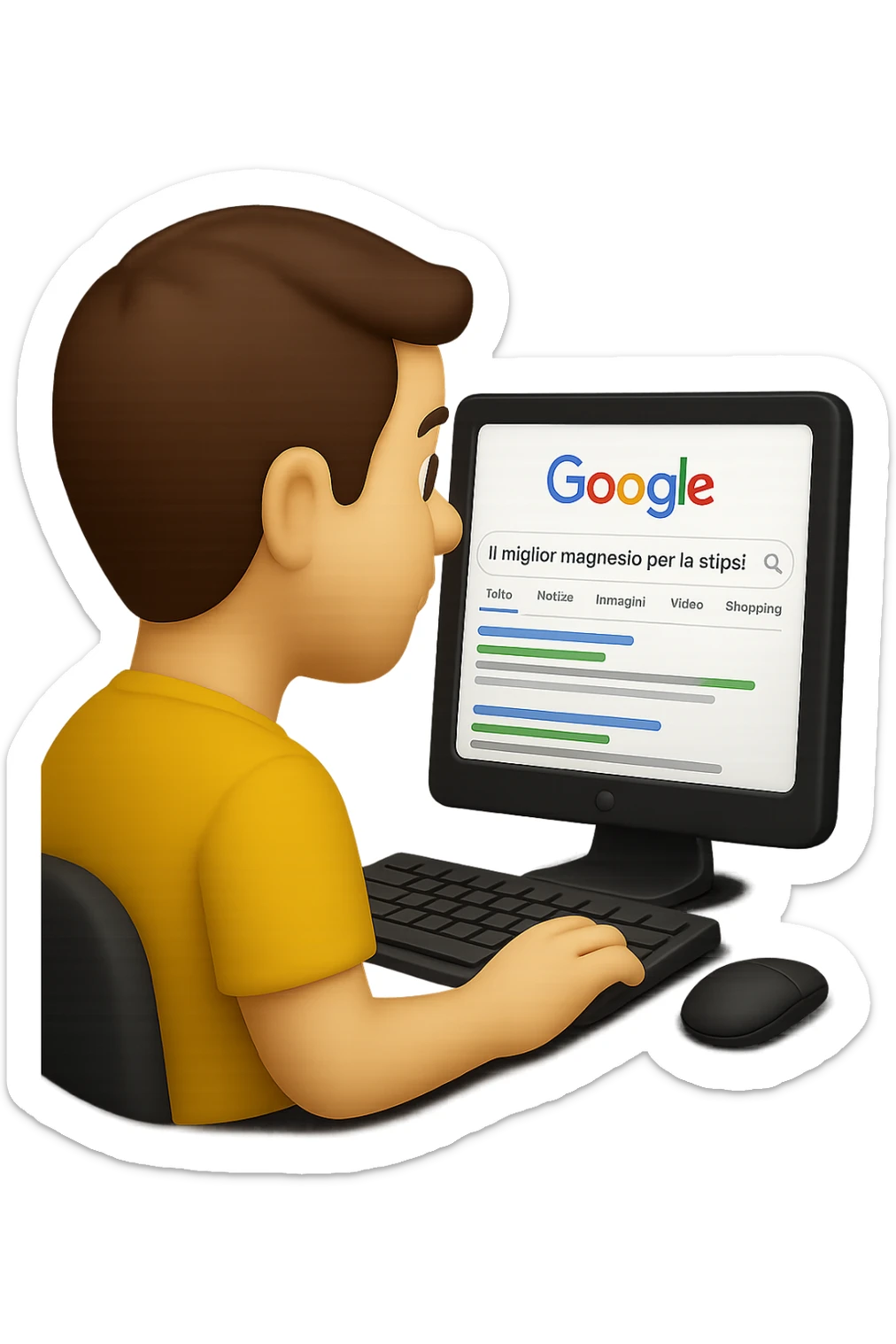 emoji stile iphone di un uomo davanti al pc che cerca di google: "Il miglior magnesio per la stipsi", iperrealistico 4k sticker