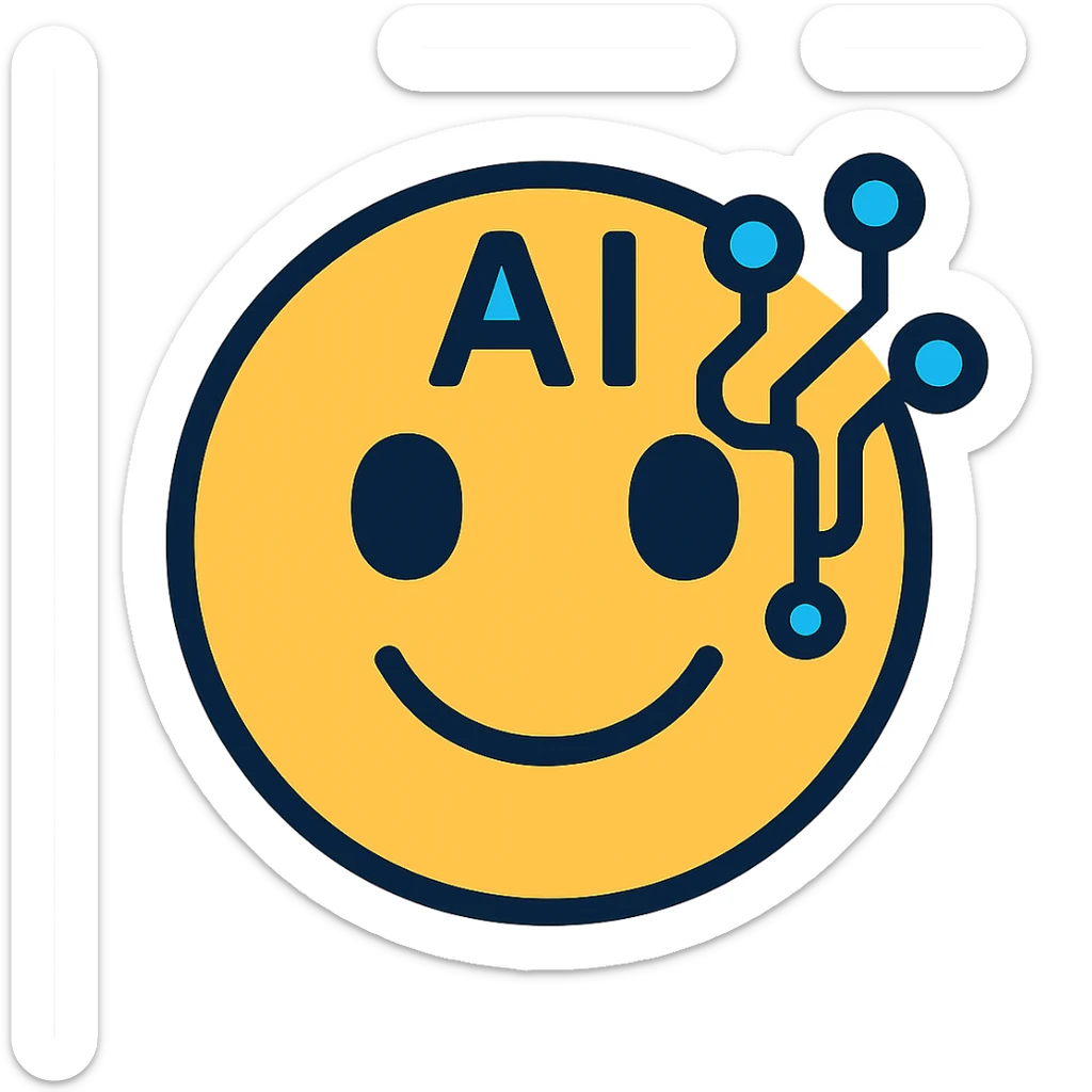 smiley AI emoji, color outline icon style, cheerful and techy, bold outlines, hint of circuitry sticker