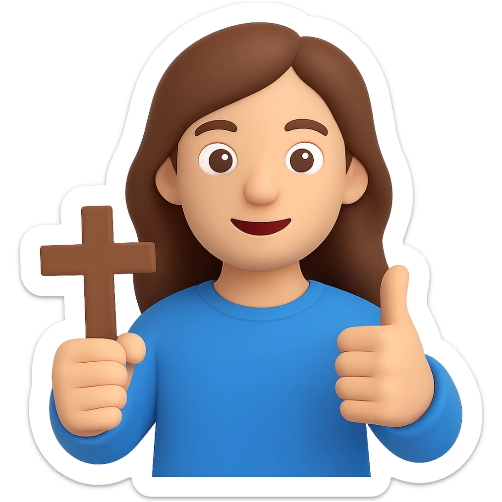 Make the person a boy with long brown hair, holding a cross and giving a thumbs up, in a 3D emoji style with no background. sticker