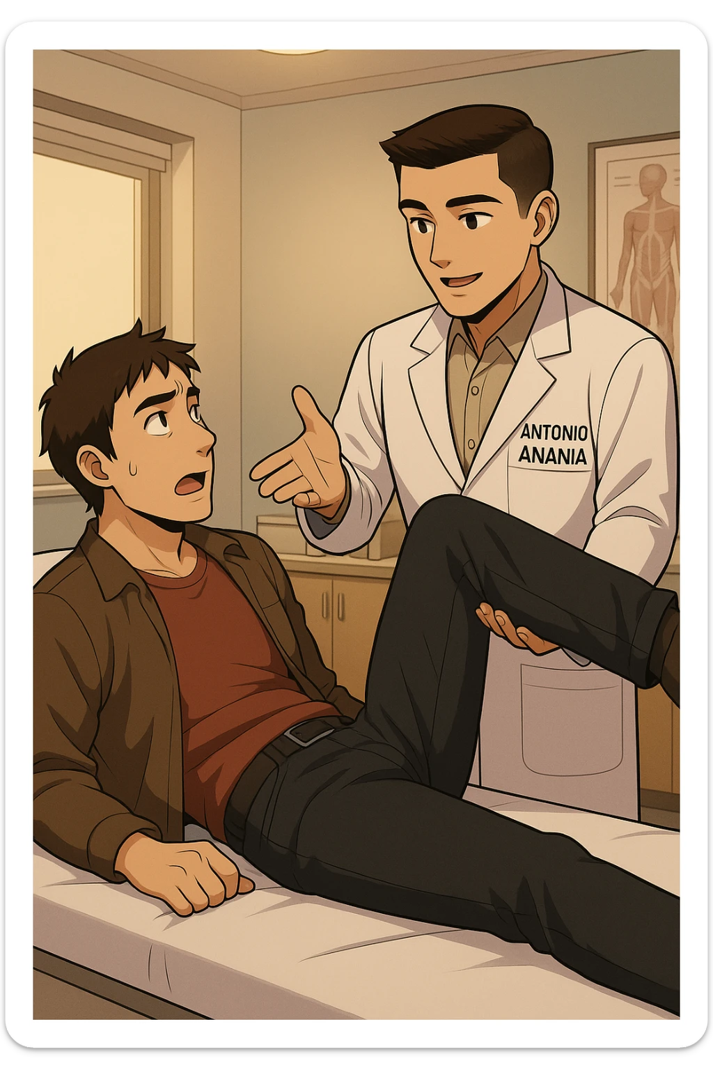 fai un webtoon manga a colori con questo stile, in cui un uomo è steso sul lettino medico e il kinesiologo con il camice bianco (fagli anche la scritta "ANTONIO ANANIA" SUL CAMICE, gli solleva una gamba per fargli il test neuromuscolare, IL KINESIOLOGO SPIEGA ALL'UOMO UNA cosa mentre gli alza la gamba. non fare i fumetti però, fai solo in modo che sembri stiano parlando, il lettino fai in modo che si veda tutto intero sticker