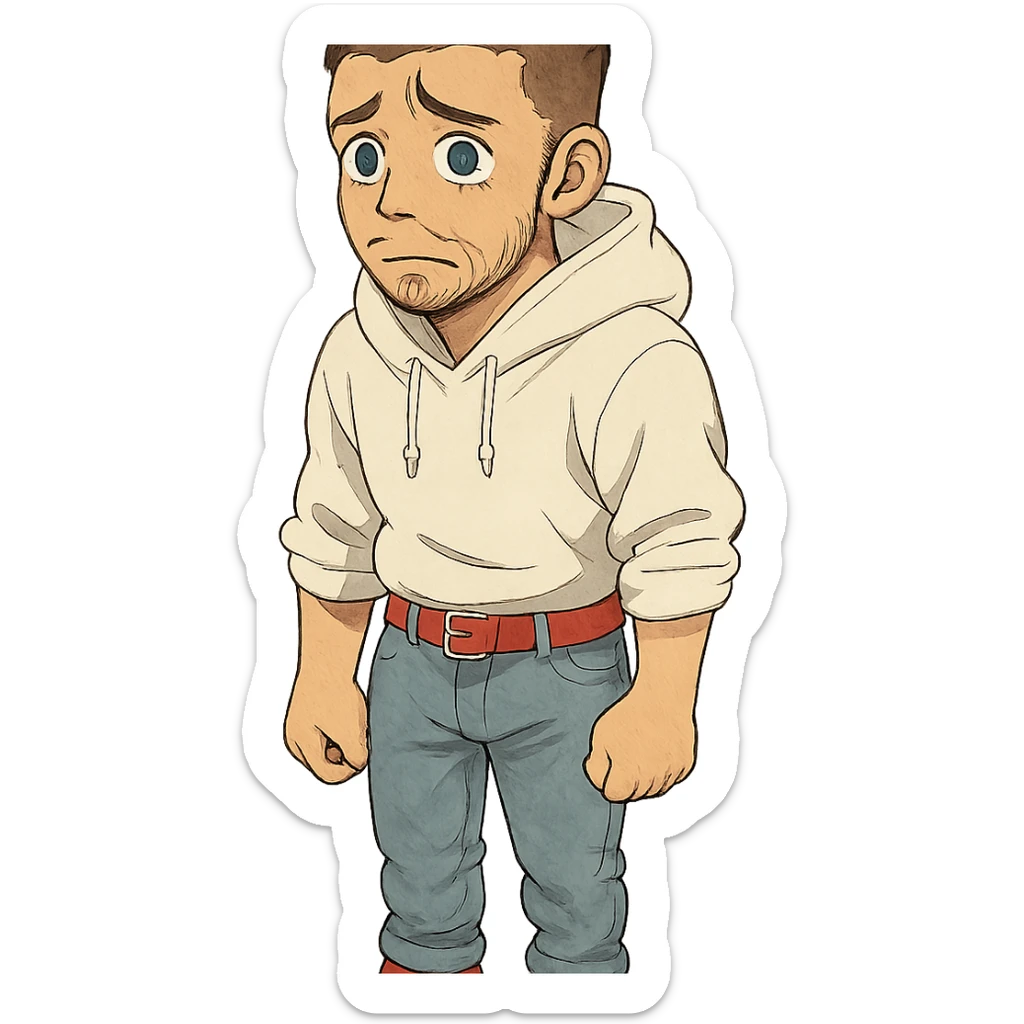 1 male, mid fade haircut dark chestnut brown curly hair, toasted lightskin, white hoodie sleeves up, fashion jeans, red fashion-sneakers shoes, red belt, short trimmed beard and goatee,  style of deku from "my hero academia", FACIAL EXPRESSION IS VERY SAD, TEARS WELLING UP sticker