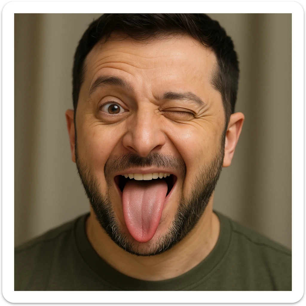 Vladimir Zelensky, photorealistic, emoji style, making a playful silly face sticker