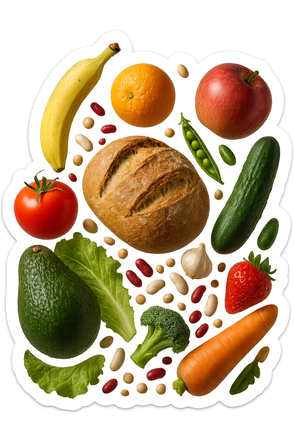 FRUTTA, PANE, LEGUMI E VERDURE CRUDE FLUTTUANO IN ARIA, IPERREALISTICA 4K sticker