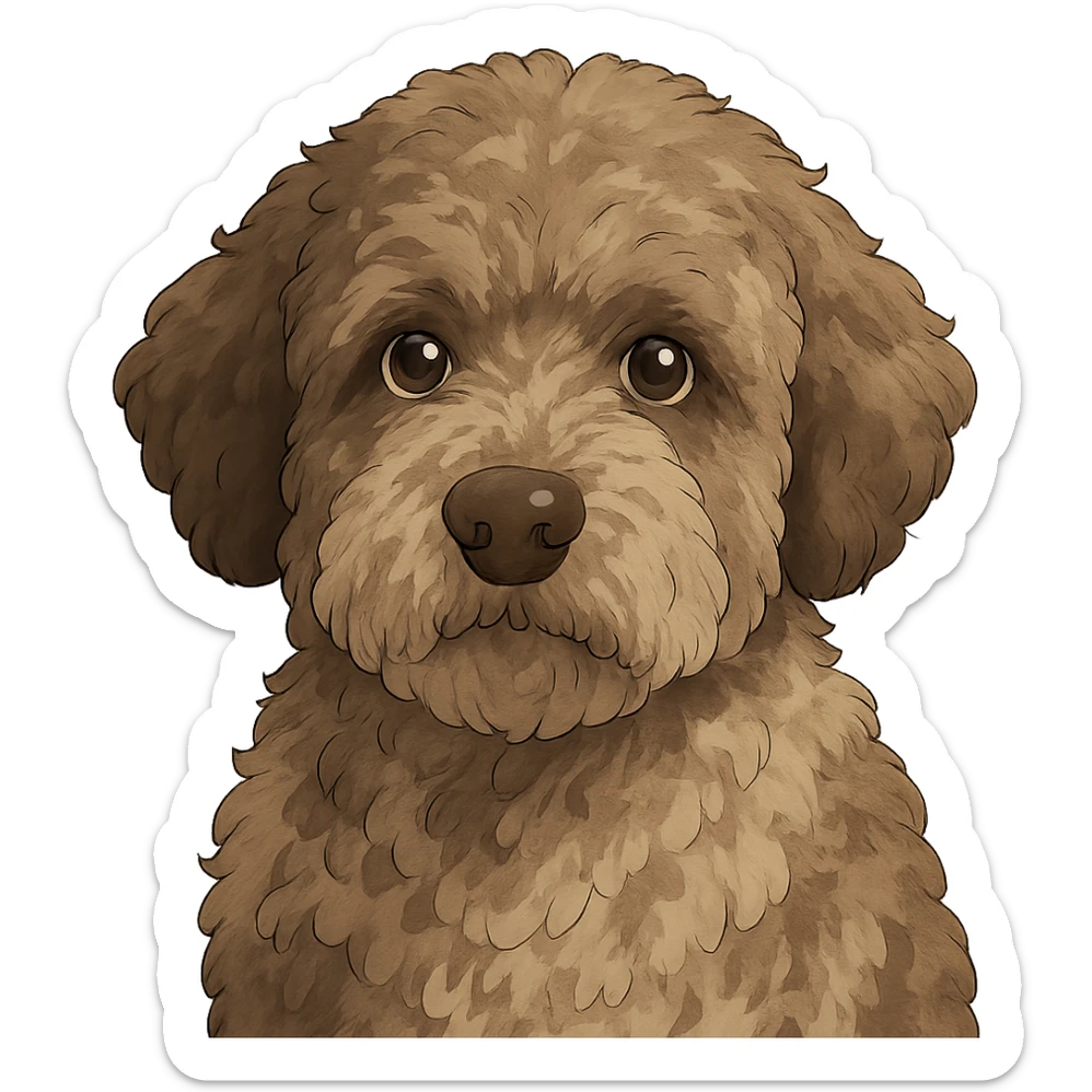 close-up portrait of Lagotto Romagnolo dog, fluffy roan fur, expressive eyes, ghibli style sticker