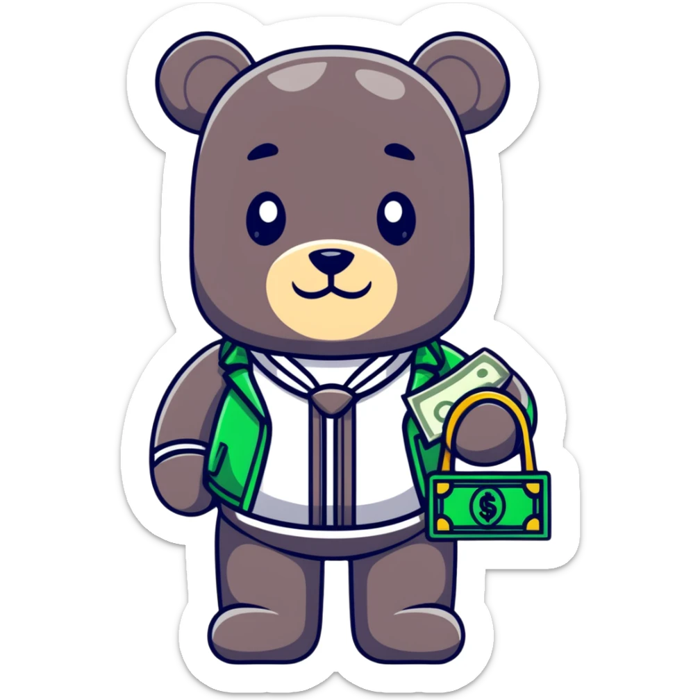 cool hustler bearbrick with money bag, luxury clothes, and bling jewelry sticker