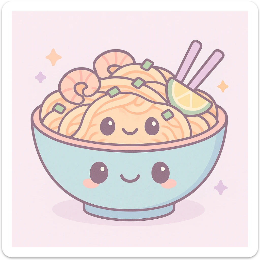 pad thai, kawaii style, cute face on noodles, bright colors, playful sticker