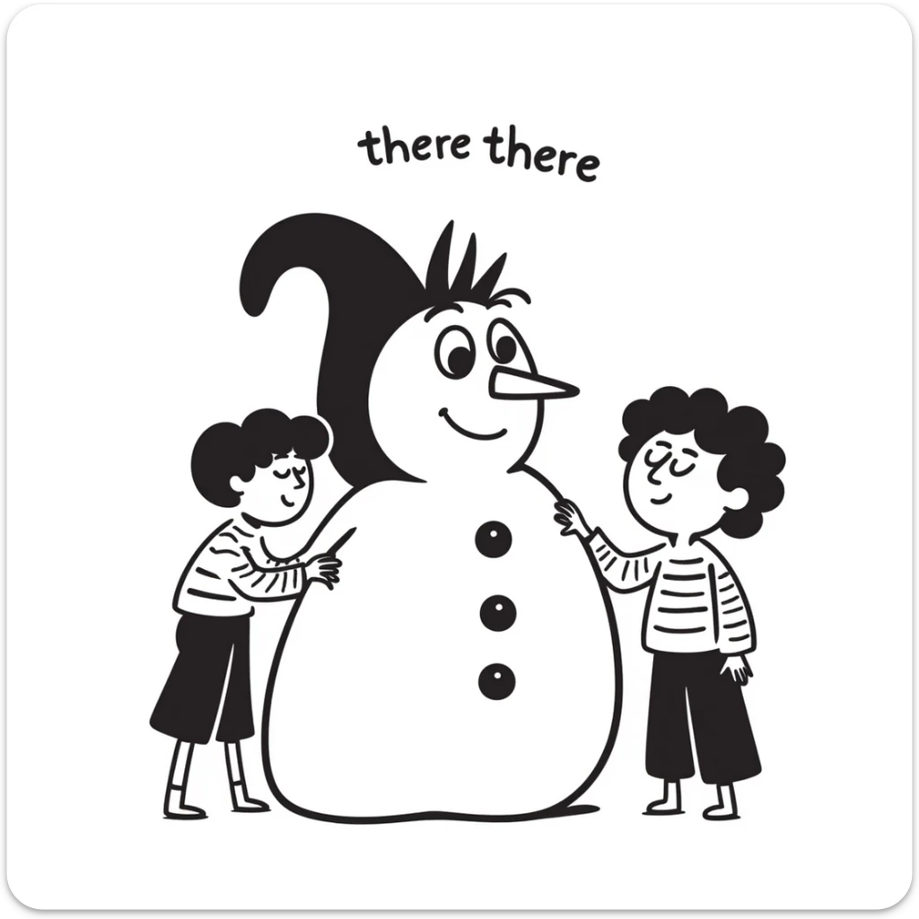 abominable snowman comforting a child, with the words 'there there', clear and expressive, suitable for YouTube sticker