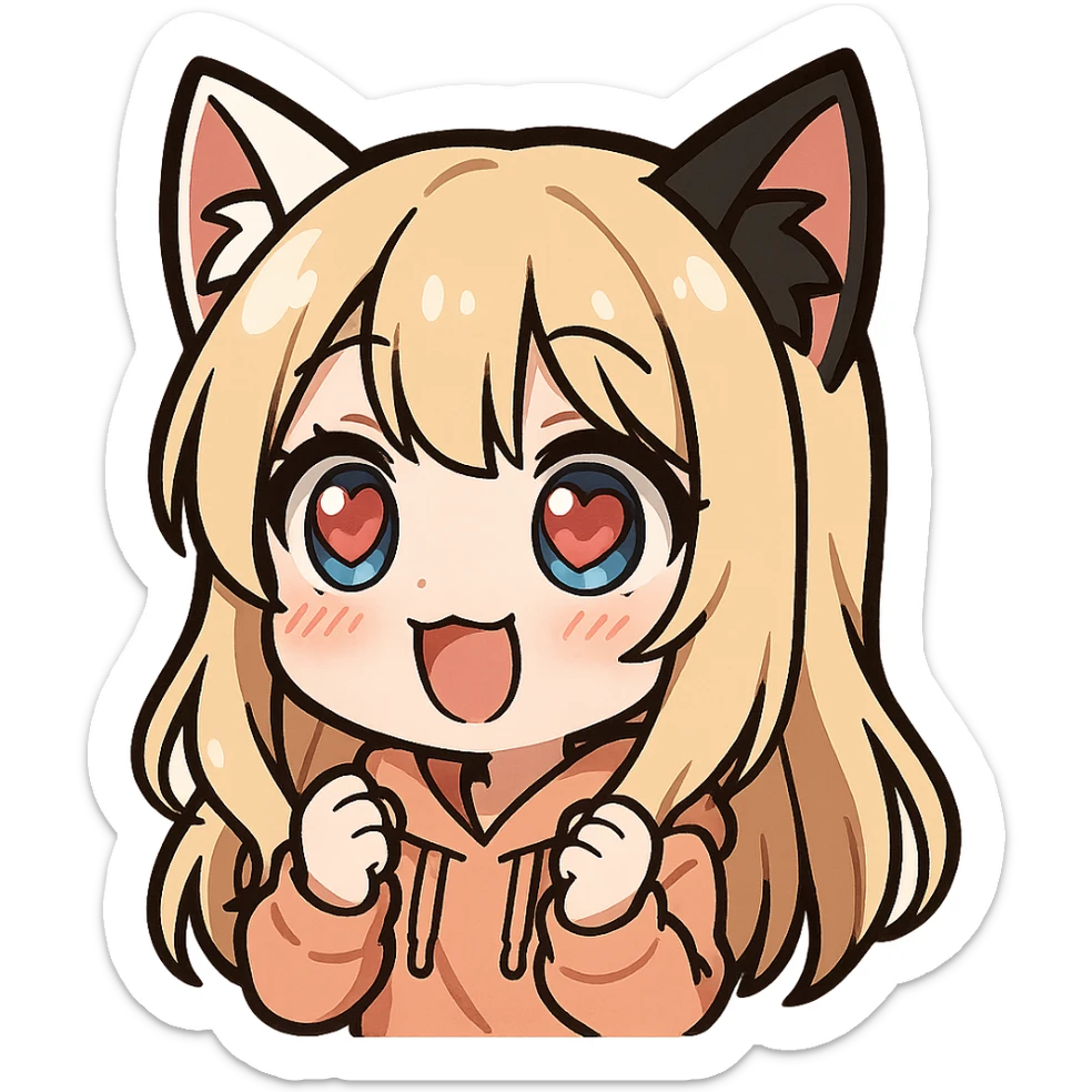 chibi anime catgirl with one white cat ear and one black cat ear, longer blonde hair, blue eyes, white skin, peach colored hoodie, cute, heart eyes expression, twitch emote style, no background sticker