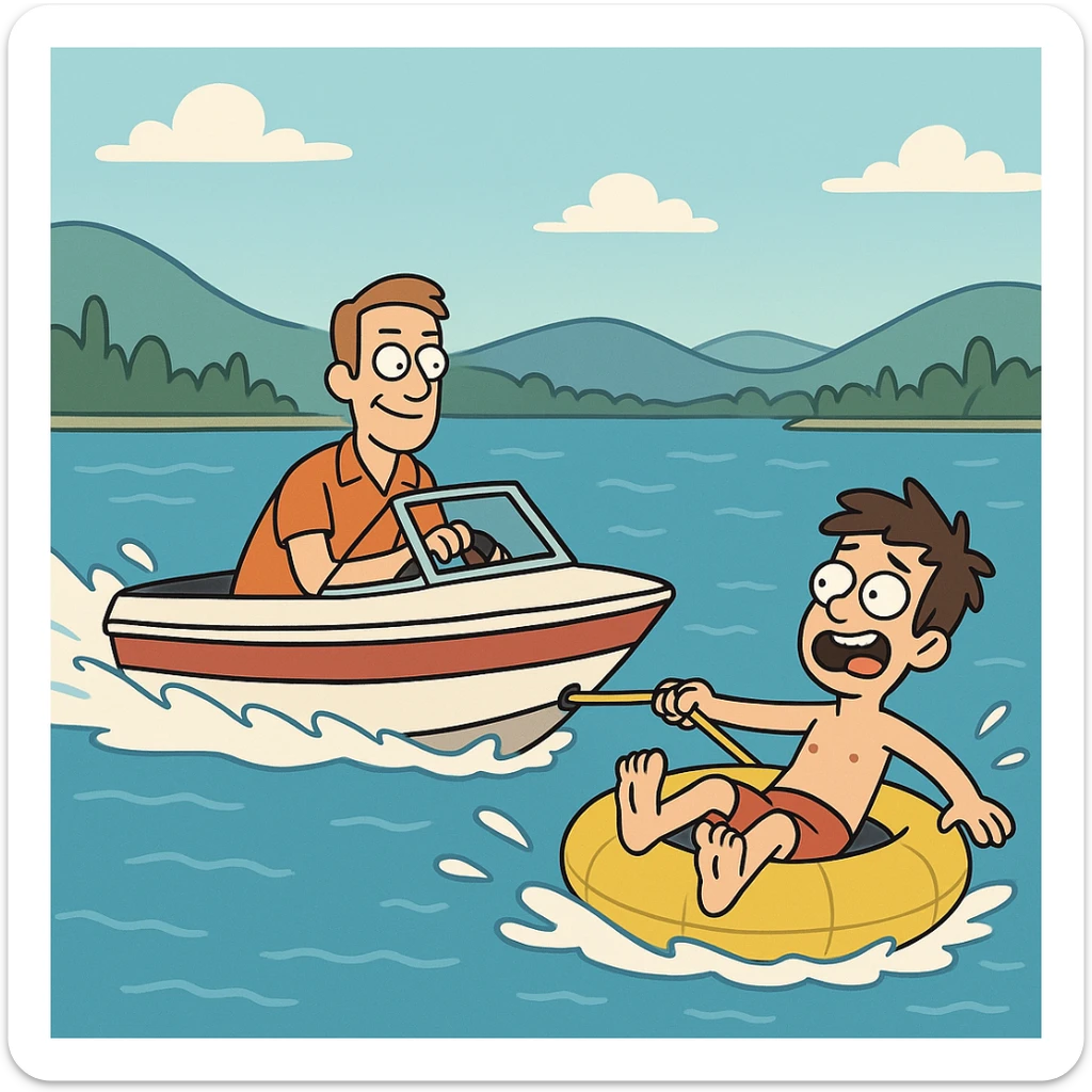 a speedboat towing a person on an inner tube across a blue lake, cartoon style sticker