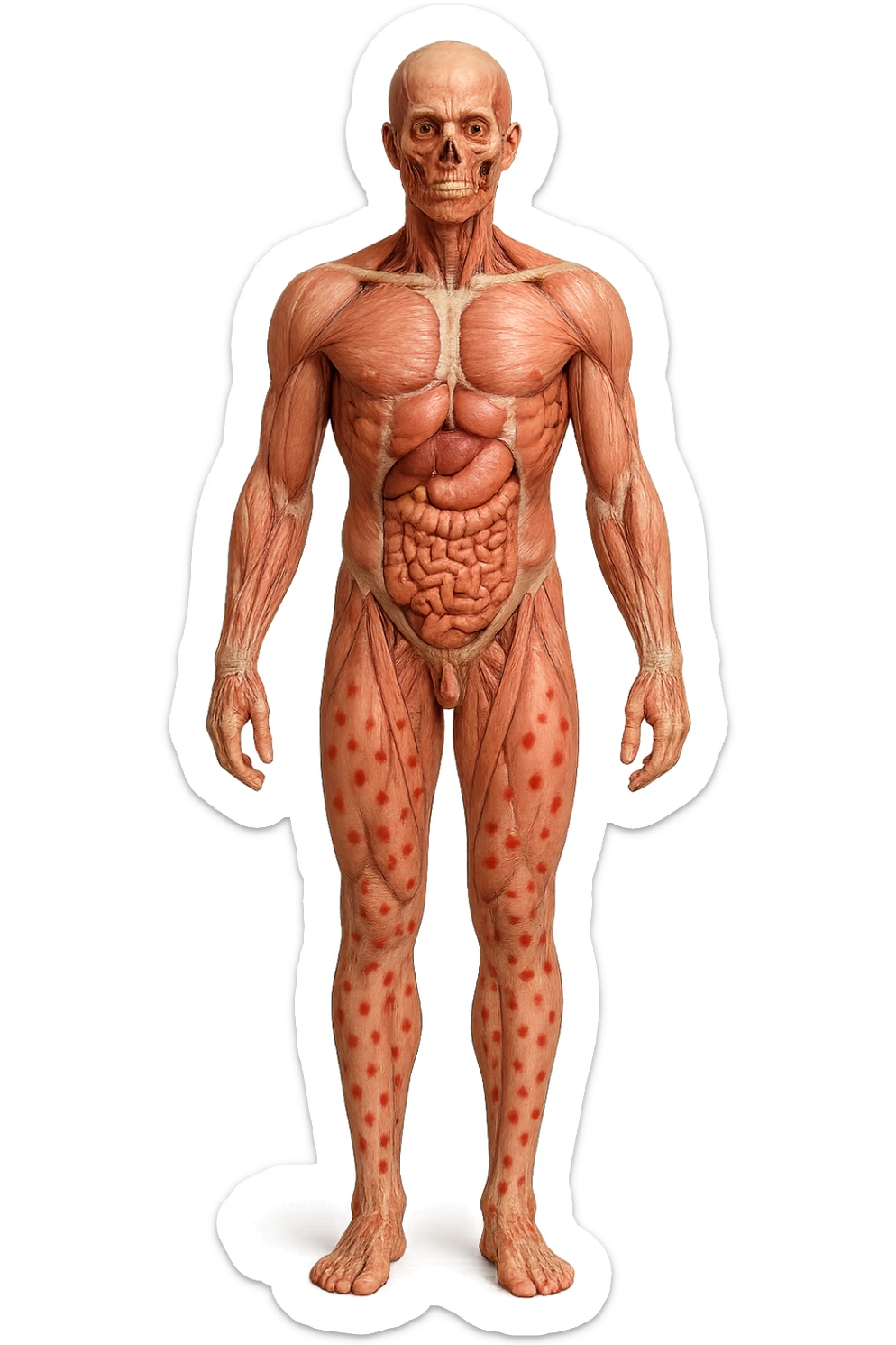 corpo umano anatomico a figura intera con red spot sparsi sulle gambe, iperrealistica in 3d sticker