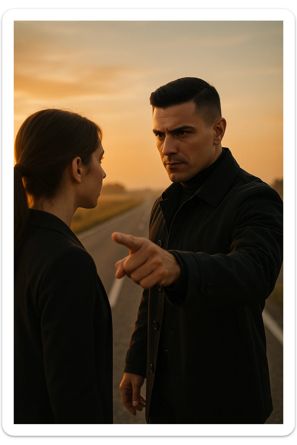Cinematic photo of a confident man giving clear direction to a woman, standing in front of her with a firm but calm expression, pointing forward as if showing her the path to follow. The man is dressed in a dark jacket, embodying the role of a commander, while the woman looks at him attentively, ready to follow. The setting is an open road at sunrise with soft golden light, symbolizing new beginnings and leadership. Shot from a side angle, capturing both profiles with a clear view of his guiding gesture. sticker