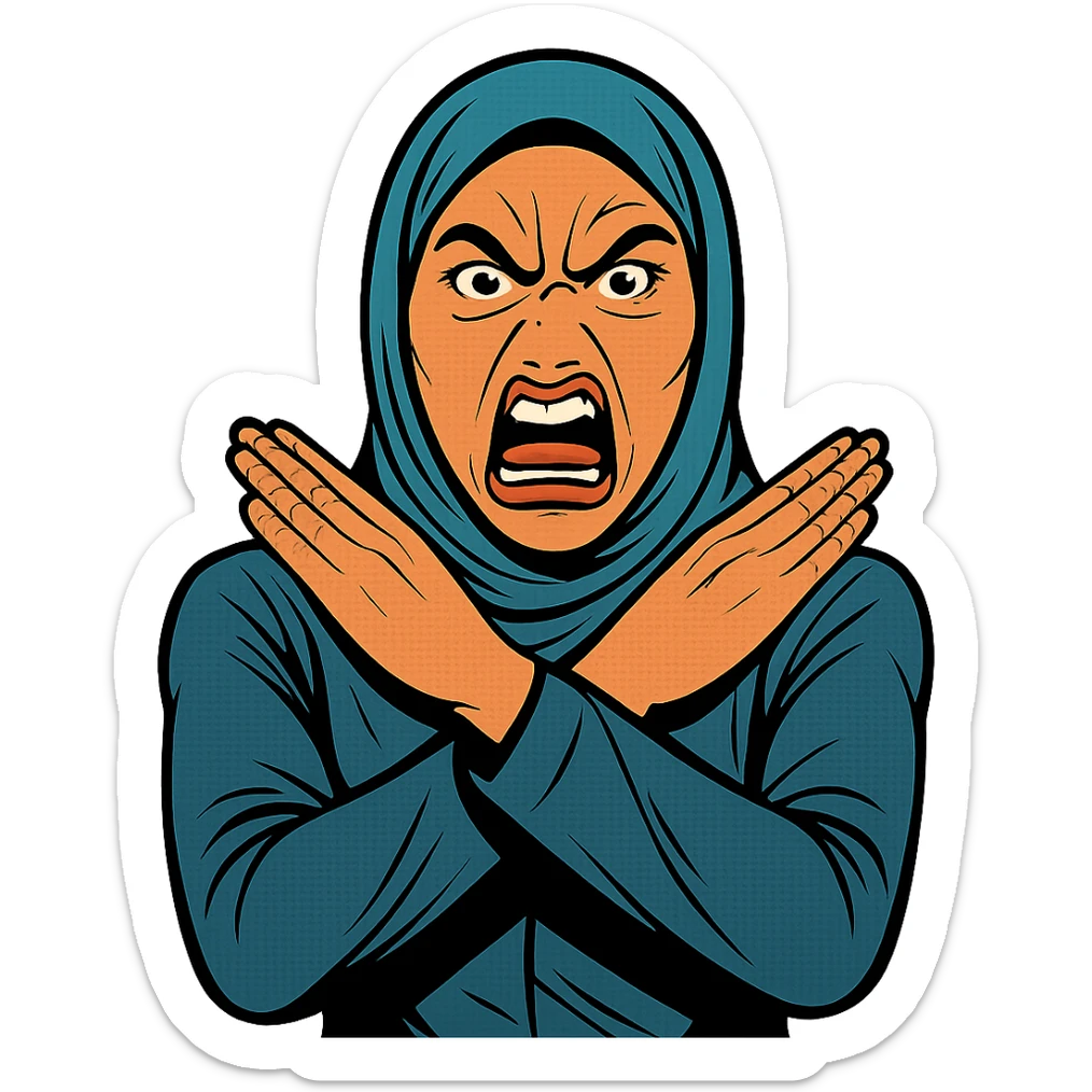 comic book style hijabi woman, exaggerated angry face, hands crossed in an X over her neck sticker