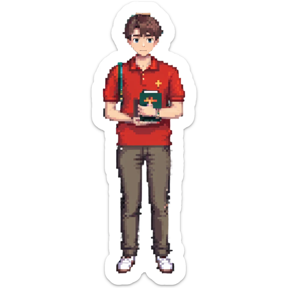 man in red polo, cross necklace, short neat hair, holding a book, standing, full body sticker