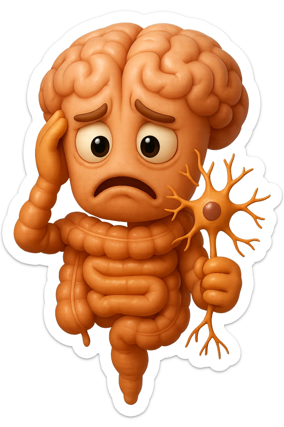 EMOJI STILE IPHONE DI UN INTESTINO collegato verticalmente ad un cervello mentre tiene in mano un neurone, espressione stressata, IPERREALISTICO 4K sticker