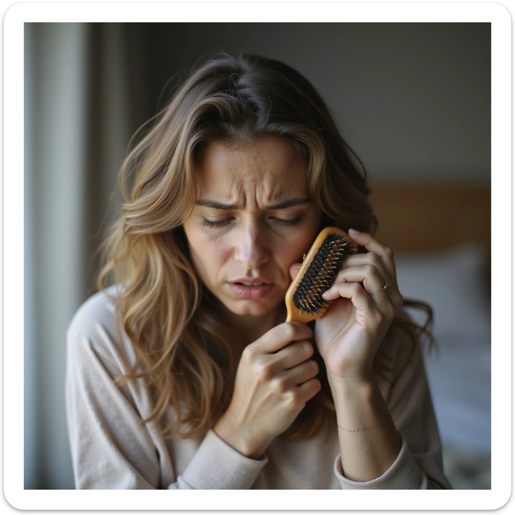 hyperrealistic 4K image of a woman with PCOS combing hair and noticing many hairs left on the brush, worried facial expression, thinning hair, domestic environment sticker