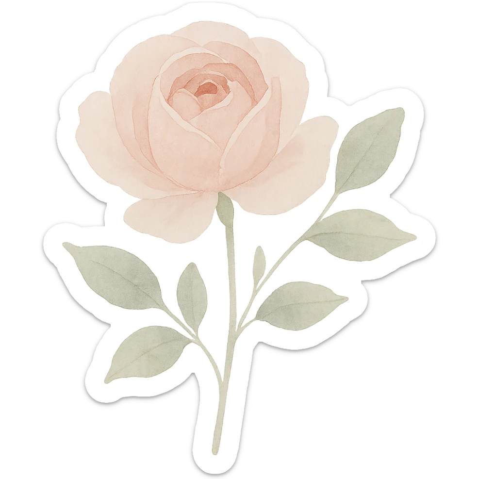 pink rose, watercolor style, delicate petals, green leaves, natural look sticker