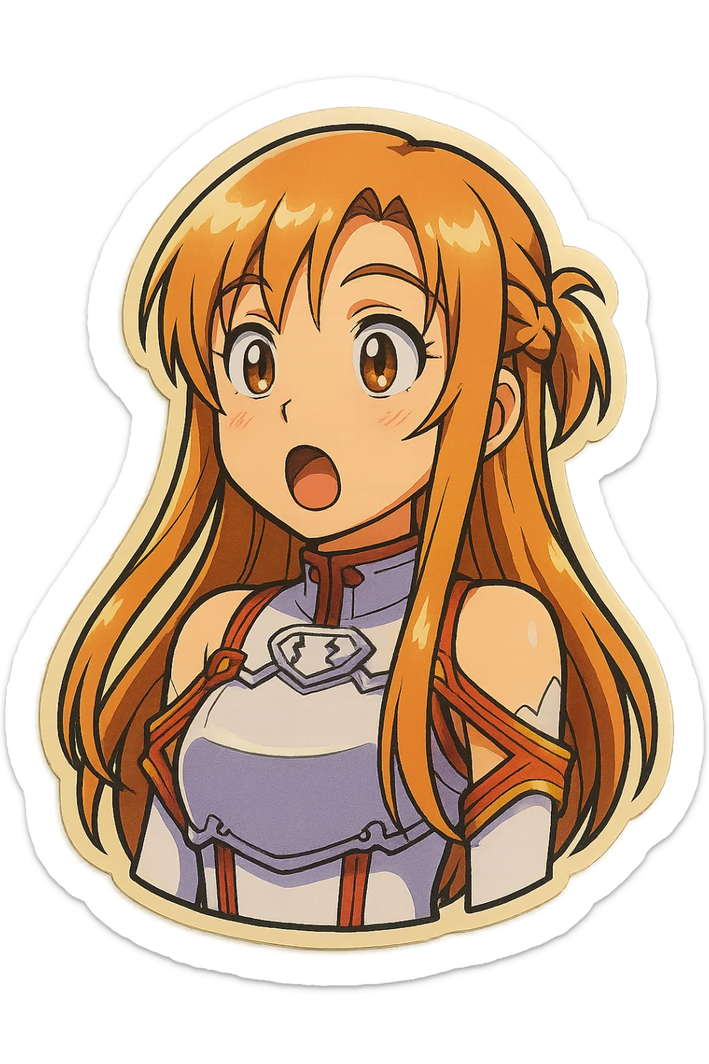 Sticker of Asuna from Sword Art Online in retro sticker style with an amazed expression, inspired by the reference image. sticker