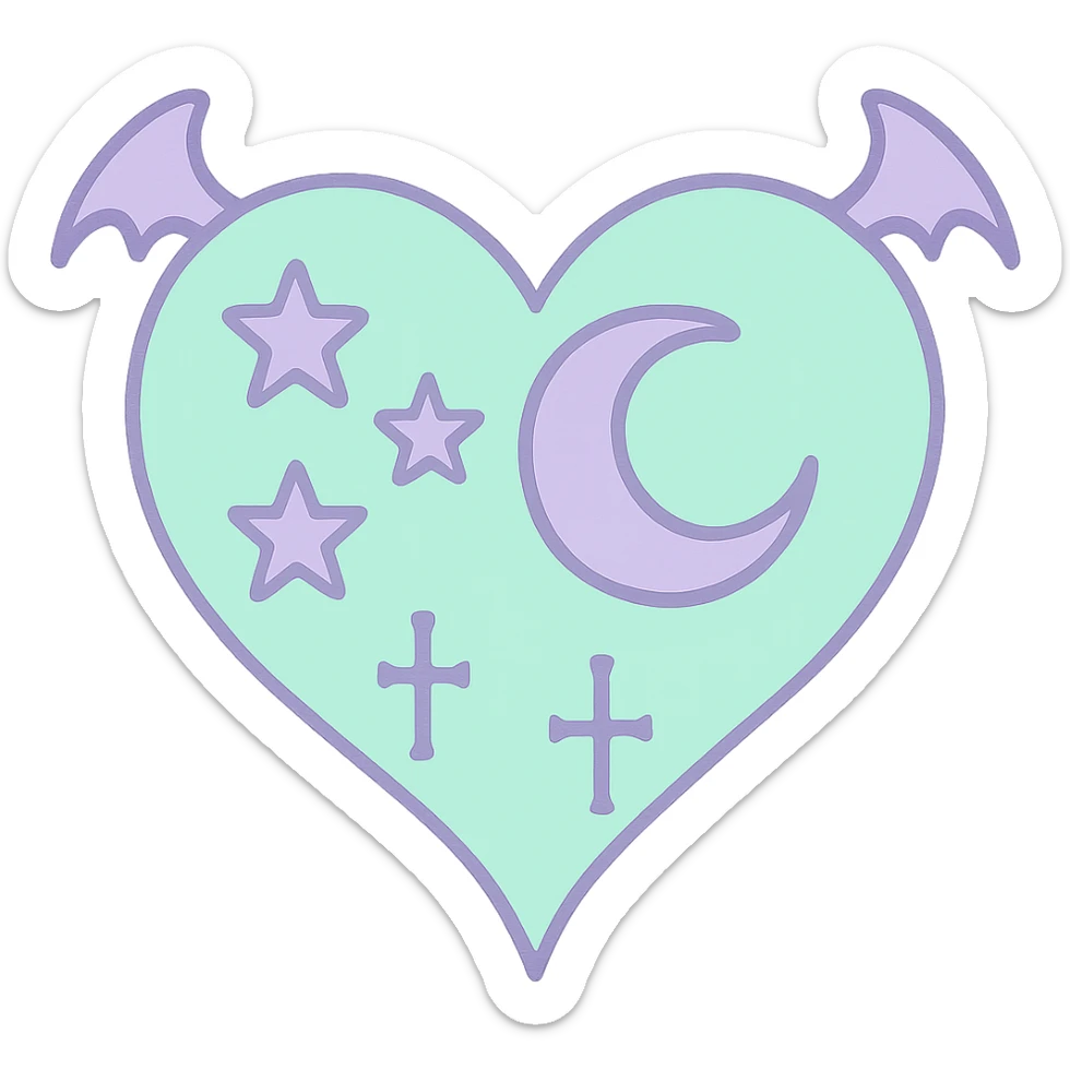 pastel goth heart with pastel stars and a crescent moon, mint green and lavender, gothic style sticker