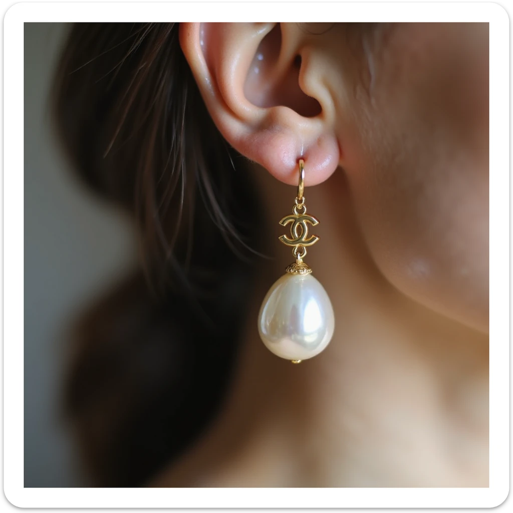 photorealistic pearl drop earrings with a small gold Chanel logo charm, elegant sticker