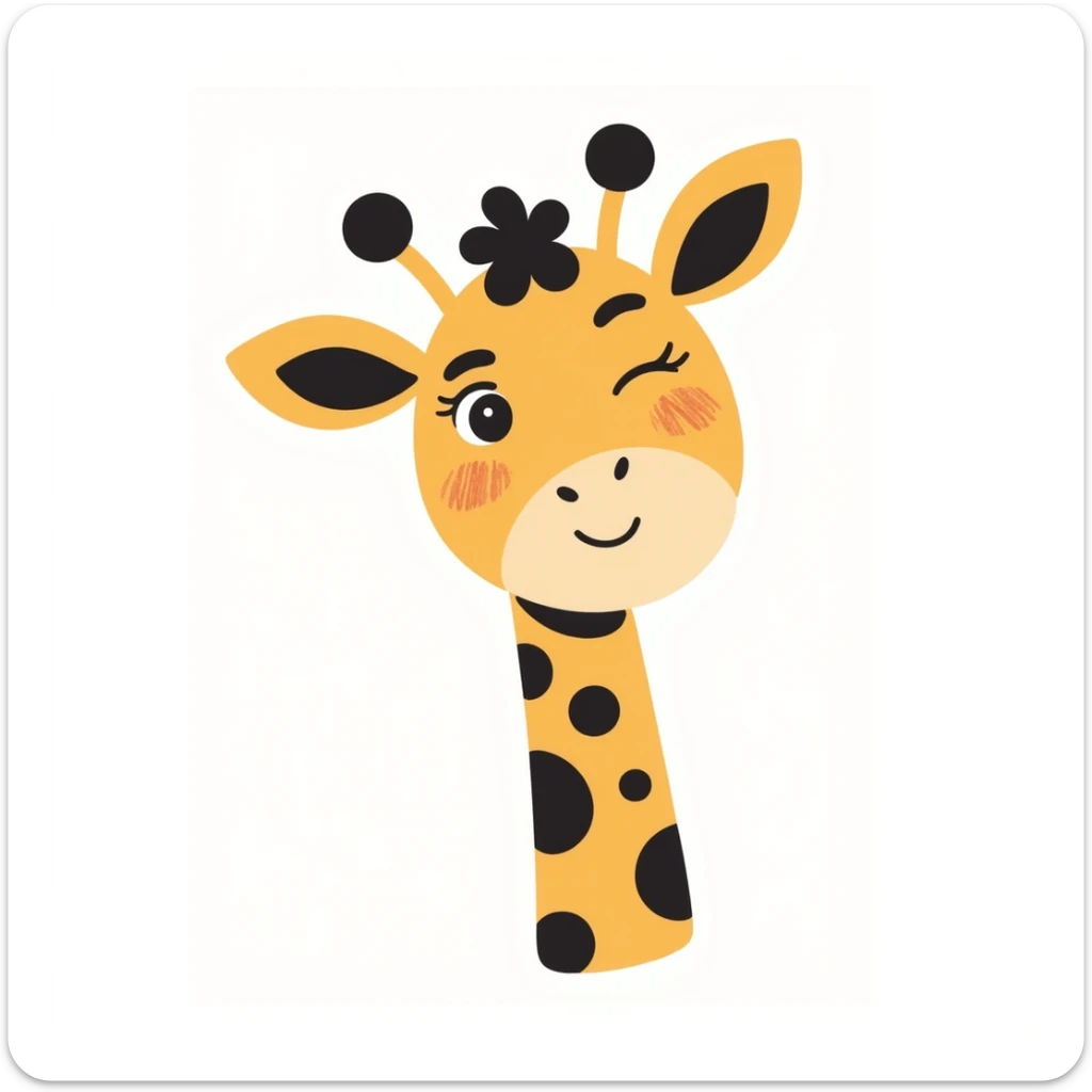 An adorable cartoon giraffe face with one eye slightly closed in a wink, a big cheerful smile, and a tiny raised hoof waving hello. Rosy cheeks, sparkles in the eyes, and a warm yellow-brown palette. The expression should feel inviting, like a happy 'Hi chat!' Perfect for greetings sticker