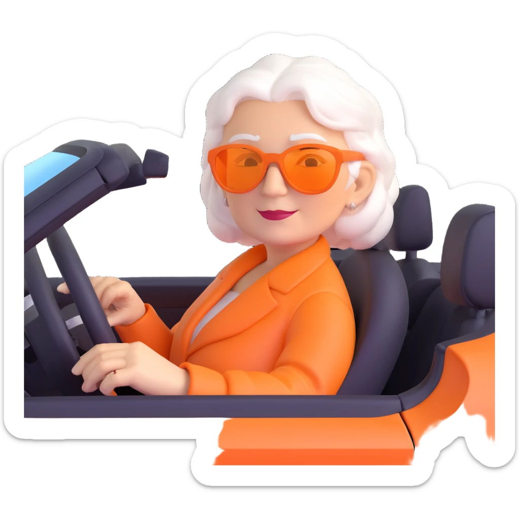 Add stylish sunglasses to the old lady with white hair in the driver's seat of the orange sports car. Keep the 3D emoji style, realistic look, and no background. sticker