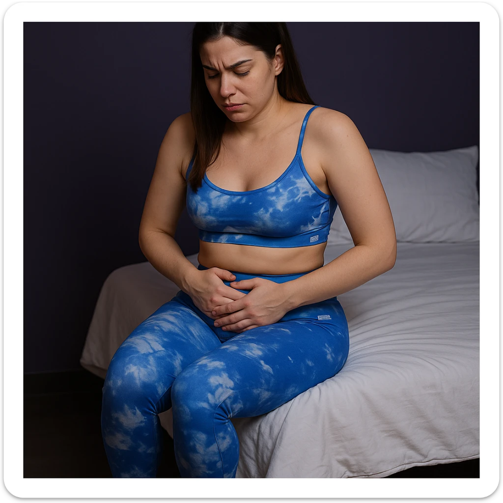 A slender woman in 4K sitting on the edge of the bed, hands gently pressing on the lower abdomen, expression of discomfort and slight pain, gaze directed downward, inspired by the reference photo. sticker