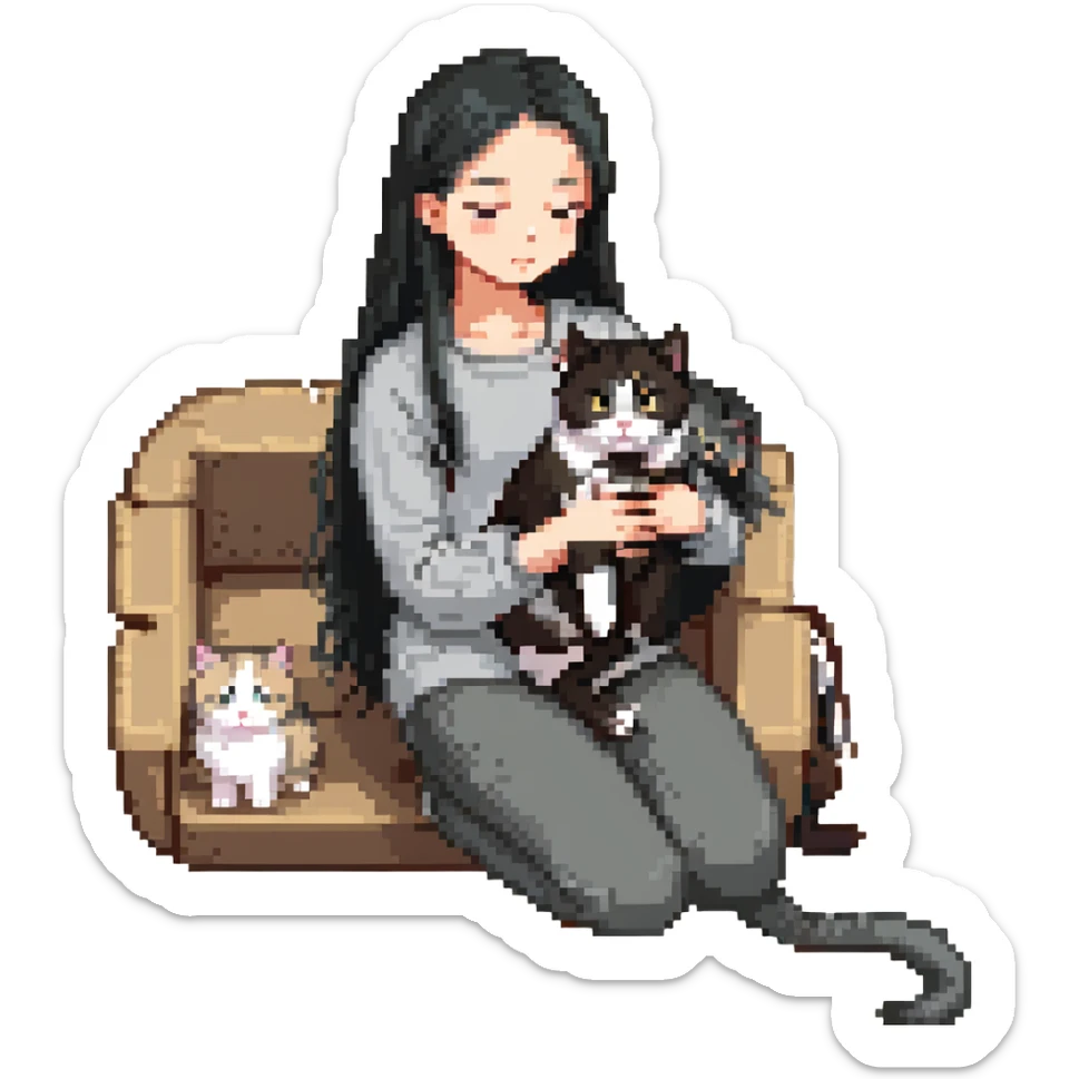 beautiful girl with long black hair petting a gray and blonde mixed cat, cat curled up in girl's lap, pixel art style sticker