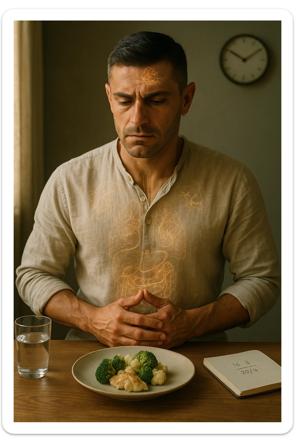 A cinematic close-up of a focused man in his mid-30s with slight beard and tired but determined eyes, sitting alone at a simple wooden table with an untouched plate of food in front of him. His hands are clasped, fingers interlocked in a meditative position over his lower abdomen, symbolizing willpower and internal balance. He wears a lightweight natural fiber shirt, sleeves rolled up. The lighting is soft and natural, early morning light coming from a nearby window. Around him, visual cues of cellular regeneration — faint glowing patterns subtly overlaying his body, especially near the liver, gut, and brain, suggesting autophagy and deep healing. The room is minimalist: a glass of water, a notebook with fasting hours, and a clock in the background ticking calmly. The tone is serene, intentional, and deeply introspective. Shot in 35mm cinematic style, warm highlights and clean shadows. sticker