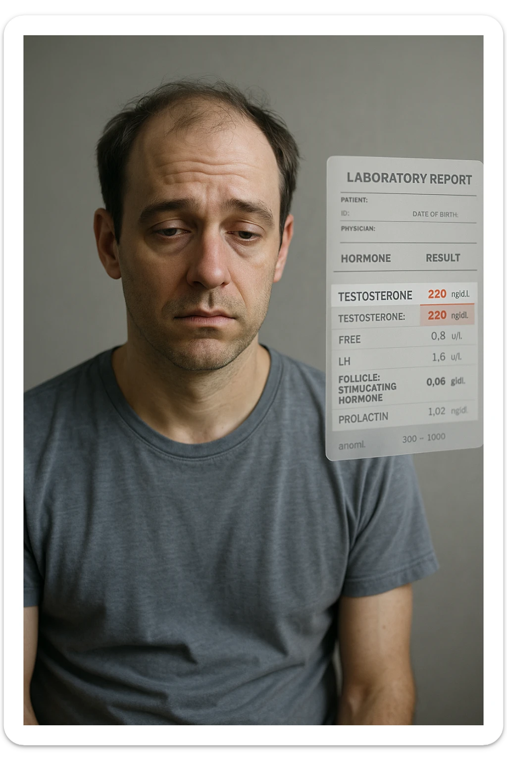 Un uomo caucasico di 35-45 anni, in CGI fotorealistico, che mostra i segni fisici ed emotivi di un basso livello di testosterone. aggiungere un referto medico semi-trasparente fluttuante accanto a lui, con valori di testosterone evidenziati in rosso. sticker