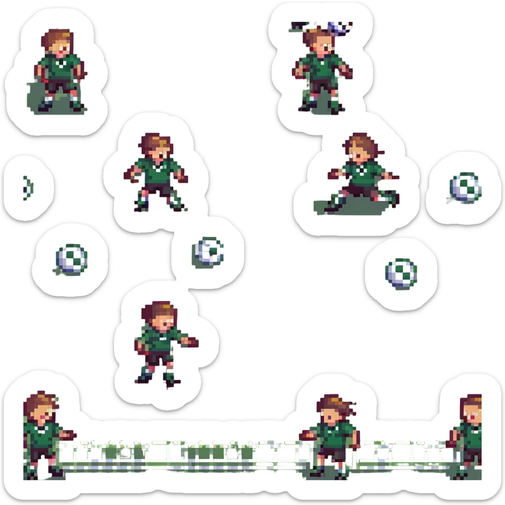 two boys, ages 6 and 9, kicking a soccer ball and laughing, pixel art style sticker