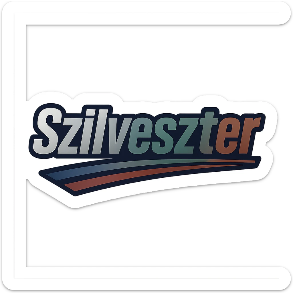 Szilveszter name in a masculine, modern gradient font with precise Hungarian characters, dark contour, extra wide and prominent white border like the uploaded sample, dynamic slanted underline, masculine color shades including blue, gray, burgundy, green, and brown, 1000x1000 px, PNG, transparent background sticker