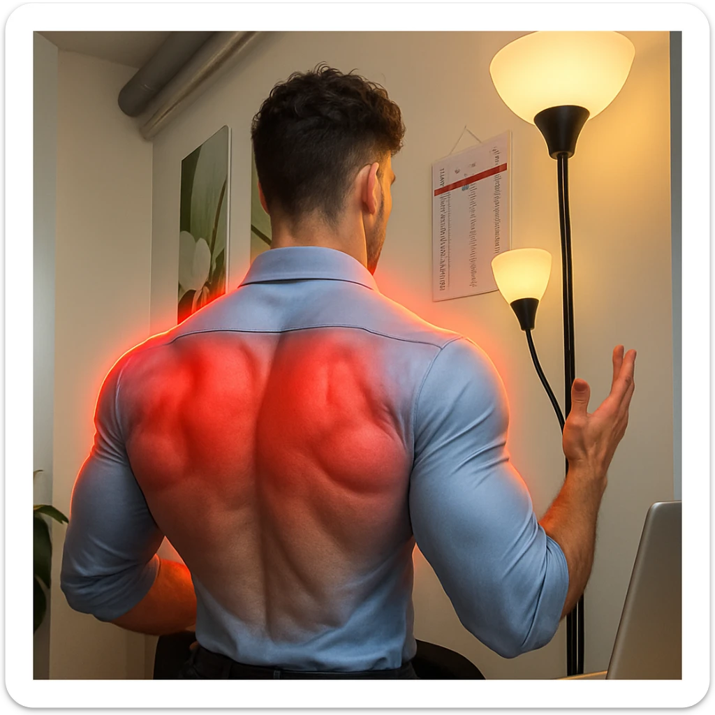 Realistic man seen from behind, inspired by the face in the provided photo but framed from the back. Athletic and muscular body with well-developed back and triceps, highlighted by a glowing red halo around these areas. Realistic style with a positive and motivational atmosphere. sticker
