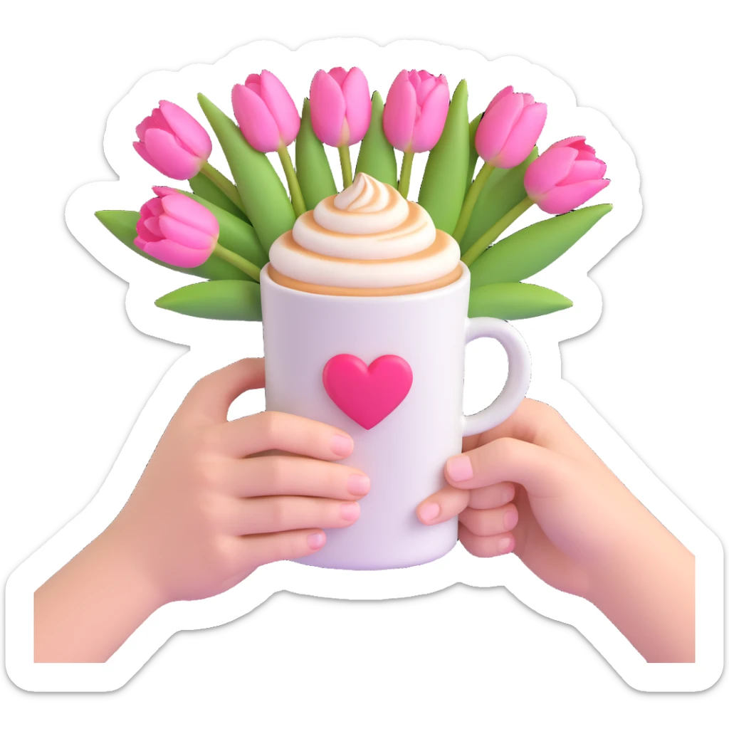 hands holding a coffee cup with heart latte art, bouquet of pink tulips and green stems, white background sticker