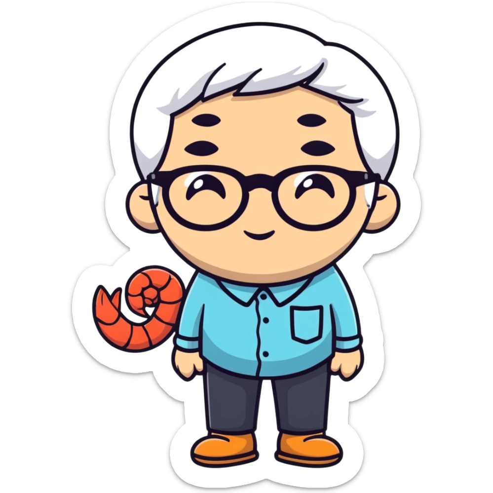 a little shrimp that is old with white hair and glasses, elderly shrimp character with white eyebrows and hair, wearing round glasses sticker