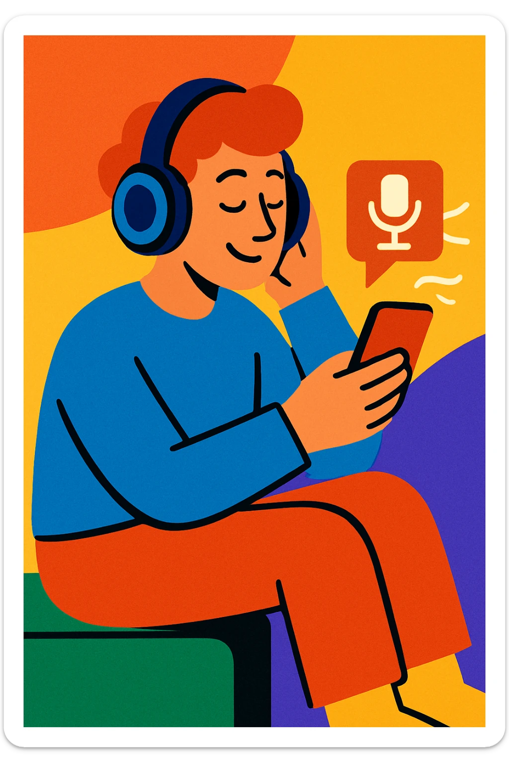vibrant cartoon of a person sitting and listening to a podcast sticker