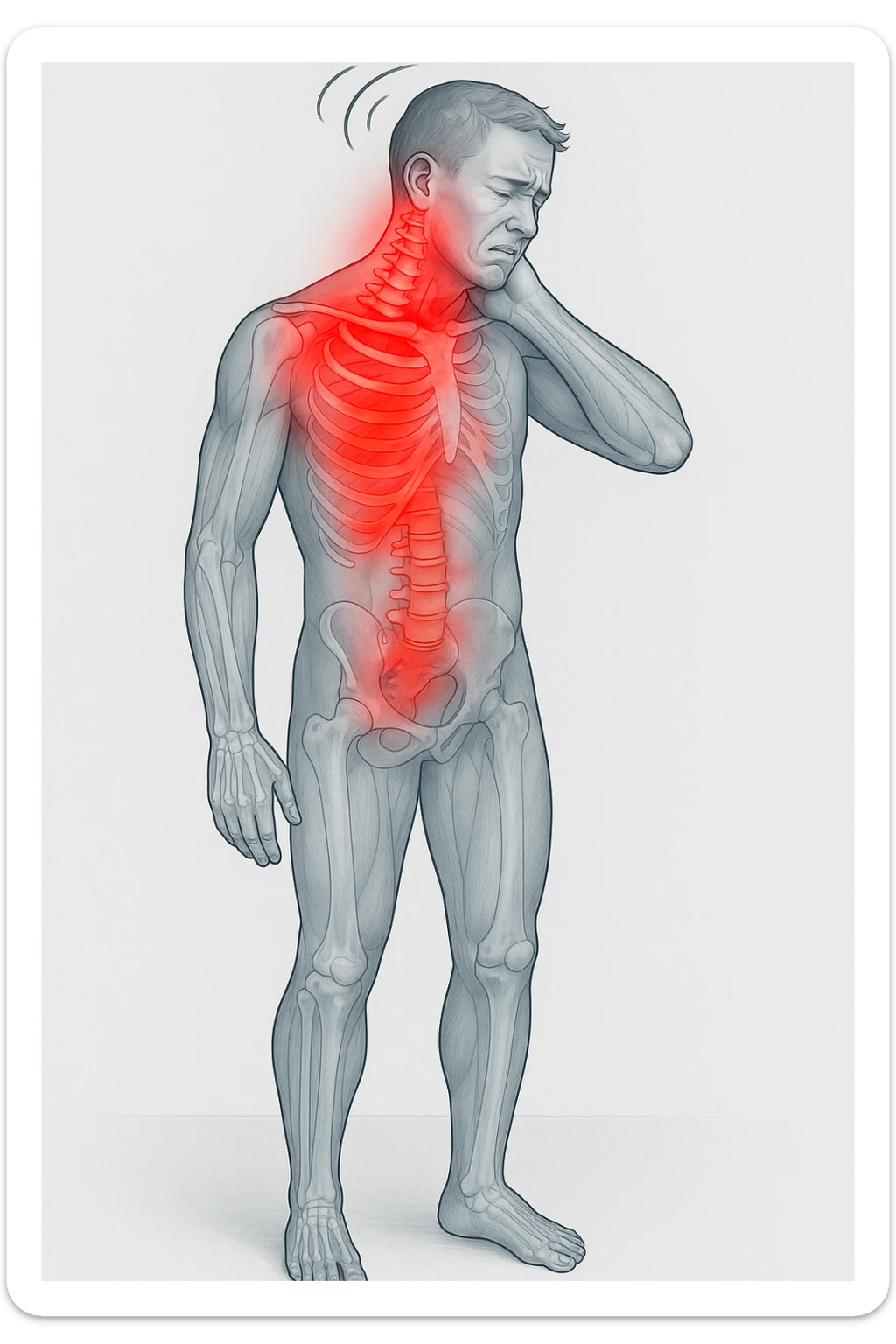 Uomo con dolore per infortunio vista anatomica in piedi con dolori cervicali vertigini e sbandamenti sticker