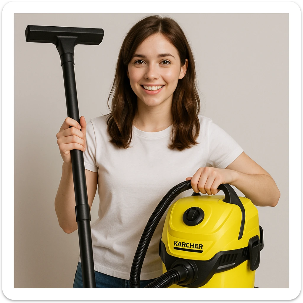 white girl with brown hair holding a Karcher vacuum cleaner, style 3 sticker