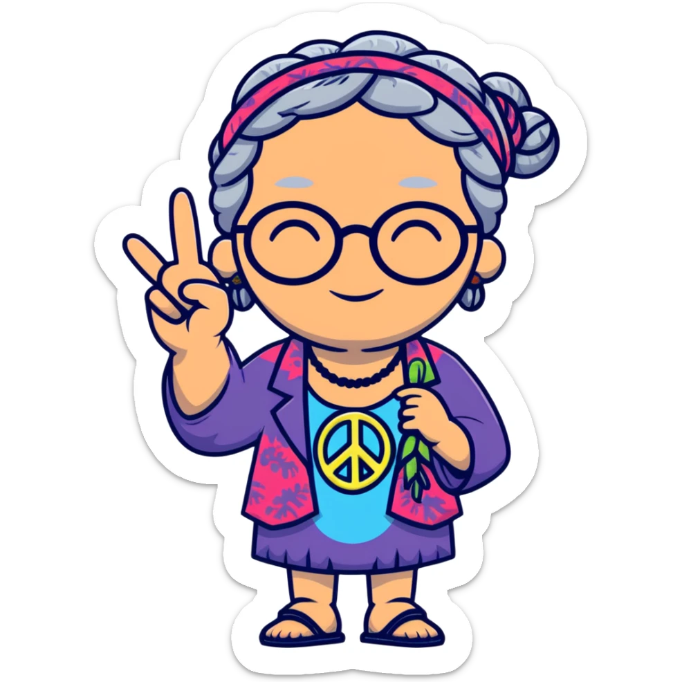 hippie grandma with round glasses, peace sign, tie-dye shirt, grey hair in braids sticker