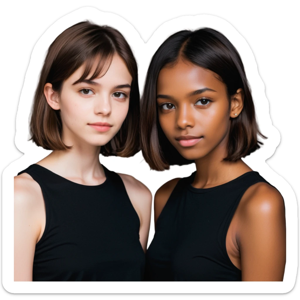 dos chicas, una con pelo corto desmechado en capas hasta la barbilla, castaña, piel morena; la otra con pelo lacio hasta el hombro, castaña, piel morena sticker