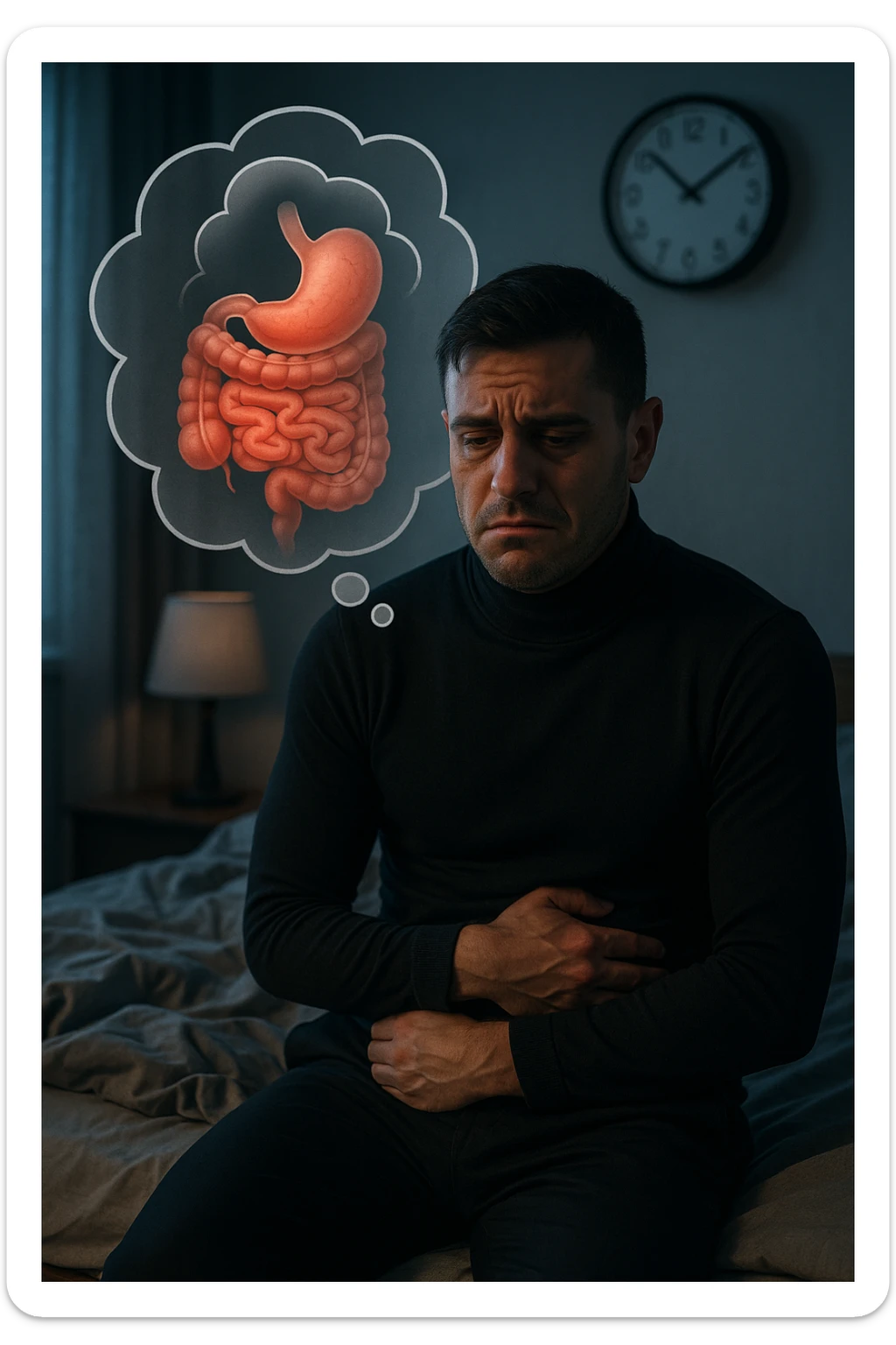 a tired-looking man sits on the edge of his bed at dawn, holding his stomach with a pained expression. Dark circles under his eyes and a messy bed indicate poor sleep. In the background, a clock shows early morning hours, and a thought bubble or overlay highlights digestive organs, emphasizing intestinal discomfort linked to sleep deprivation. sticker