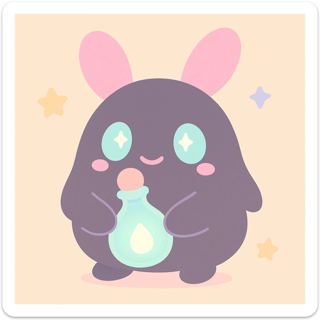A spriggan from FFXIV holding a glowing fantasia bottle, detailed, cute, whimsical fantasy creature sticker