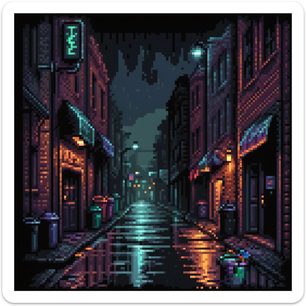 Pixel art background, dark Gotham City alley at night, flickering neon signs, wet asphalt, trash bins, moody streetlight, silhouettes in windows, Sega fighting game style
 sticker