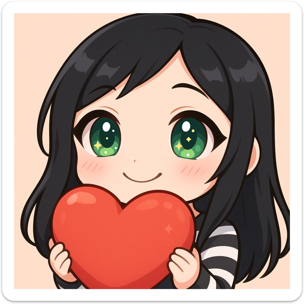 Twitch emote of a cute girl with black hair and green eyes, smiling, in a shiny, detailed chibi style with large eyes, sparkles, soft shading, and a heartwarming expression, matching the reference style. sticker